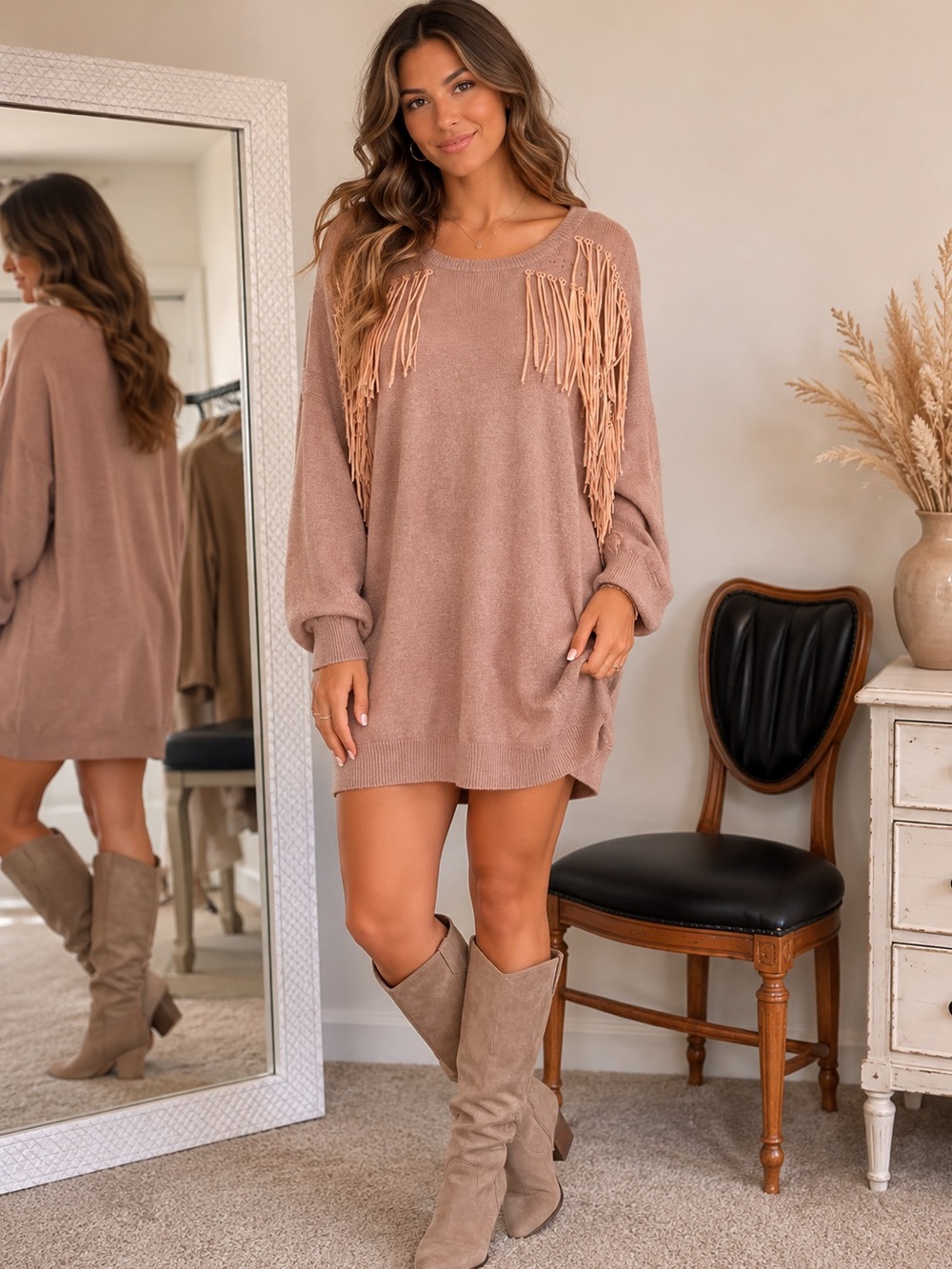 Sage & Flower Fringed mauve oversized knit sweater